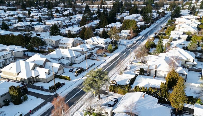 Aerial view of snow-covered residential neighbourhood