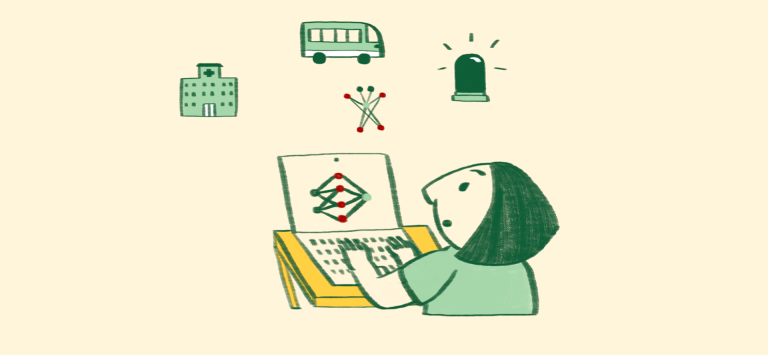 Image numérique dessinée à la main dans les verts et les jaunes d'un bâtiment, d'un bus et d'une personne travaillant sur un ordinateur.