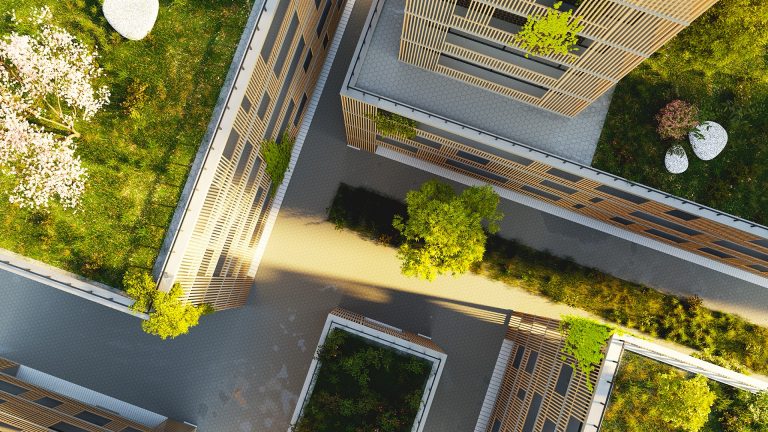 Vue aérienne d'une rue vide de la ville avec de la verdure sur les toits.