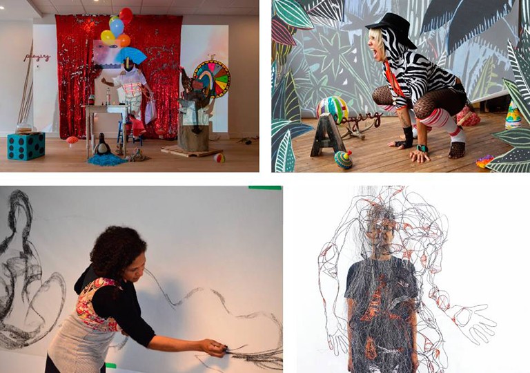 En haut : Anna Jane McIntyre et ses œuvres d’interprétation Le contexte, c’est tout (2021) et Aa is for Afropresentism. En bas : Charmaine Lurch et son œuvre Sycorax Scene II, 2020. | Photos : En haut à gauche : photo par alignements / En haut à droite : photo de Kinga Michalska. En bas à gauche : photo de Vero Diaz / En bas à droite : photo de Hannah Zbitnew. Collage de quatre photos montrant des artistes et leurs œuvres à différents stades.