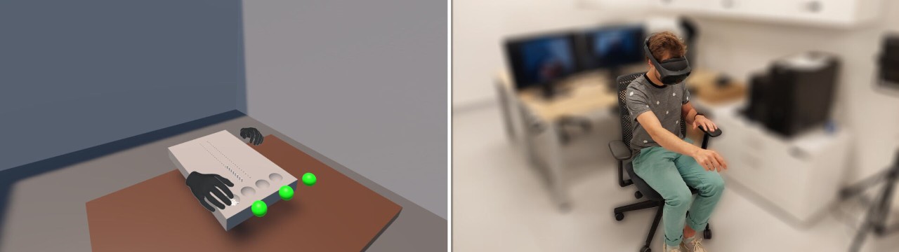 Image d'un test VR pegboard et d'un participant à l'étude