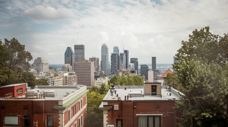 Photographie d'une ville en été, avec le centre-ville s'élevant à l'arrière-plan.