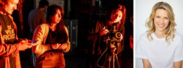 Image en diptyque : À gauche, trois personnes, éclairées en rouge, sur un plateau de tournage (dont une avec une caméra). À droite : Une femme souriante aux longs cheveux blonds portant un T-shirt blanc.