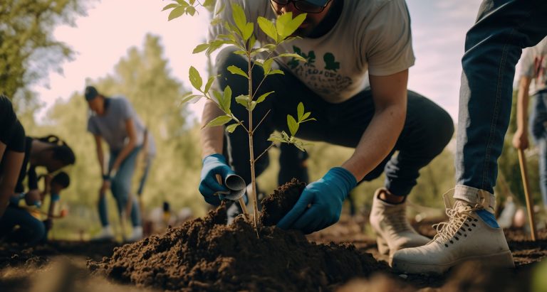People working in soil, planting small trees