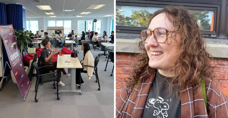 Image en diptyque représentant un espace intérieur avec des personnes assises à des bureaux à gauche, et un jeune homme souriant aux longs cheveux bouclés et portant des lunettes à droite.