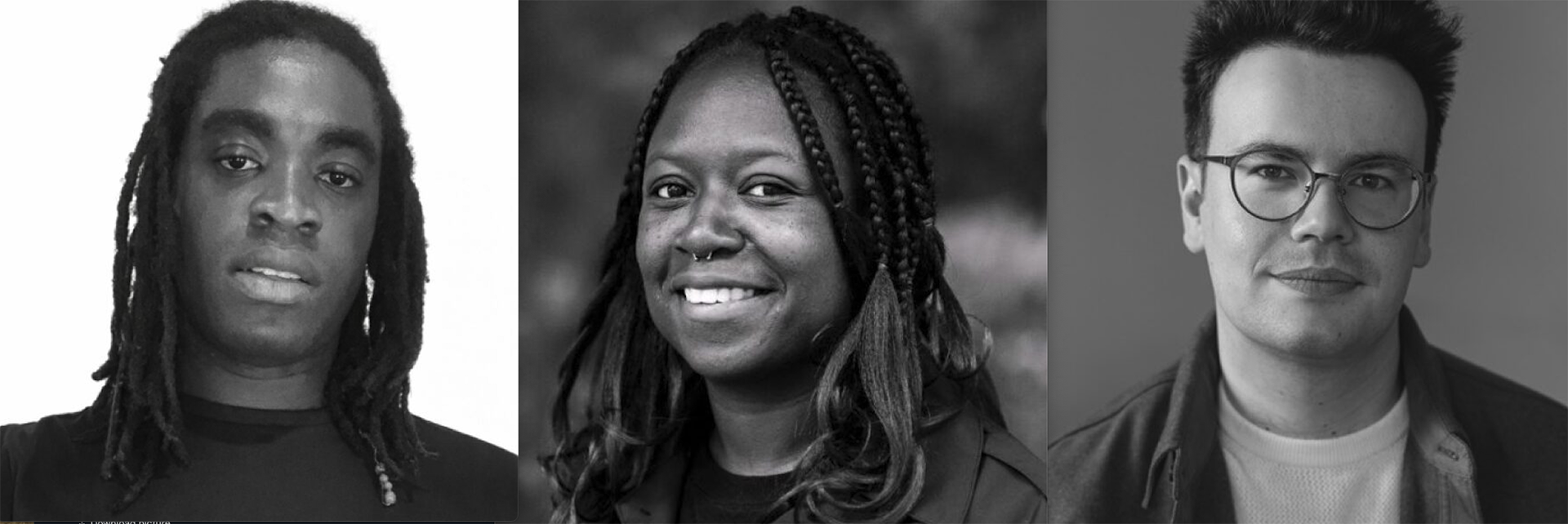 Image composite en noir et blanc montrant trois portraits côte à côte : une personne aux longues dreadlocks vêtue d'une chemise sombre, une personne souriante aux cheveux tressés et une personne aux cheveux courts portant des lunettes rondes et une veste.