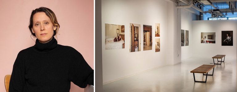 Image en diptyque représentant, à gauche, une femme aux longs cheveux blonds attachés, vêtue d'un col roulé noir, et, à droite, une installation dans une galerie.