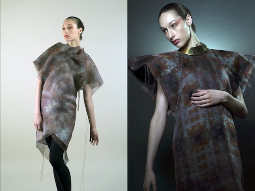The Shoulder Dress embodies the complexity of the design process when designing for active fibers. The collection shows garments in their multiple stages, low and high energy, enabled by future fibers and transformative textiles. | Photo by Ronald Borshan &copy; 2012