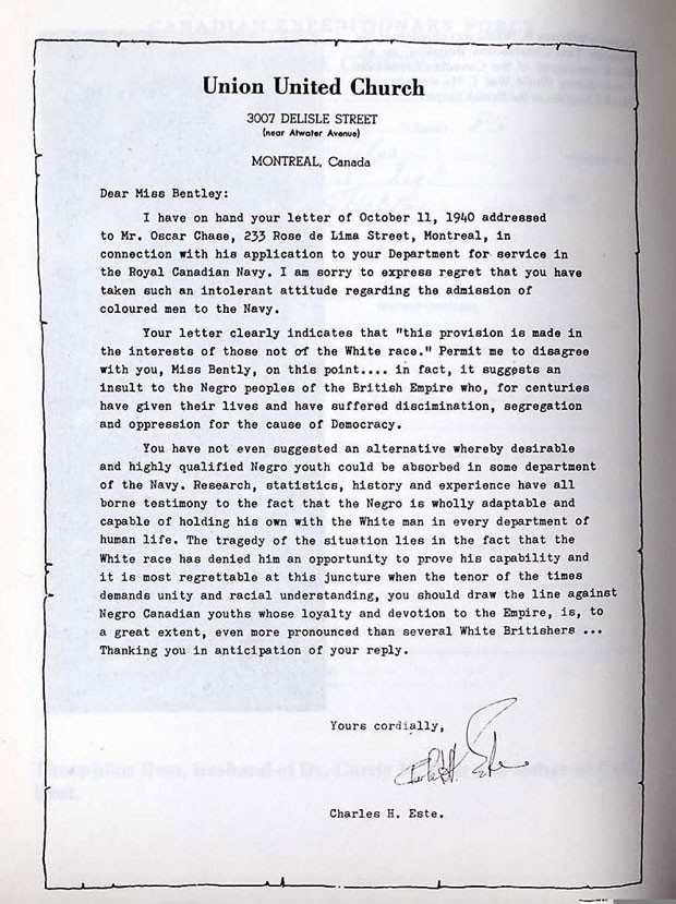 Black Montrealers experienced racism throughout history. Here Reverend Charles Este protests the Royal Canadian Navy's discriminatory recruitment policy during the Second World War.