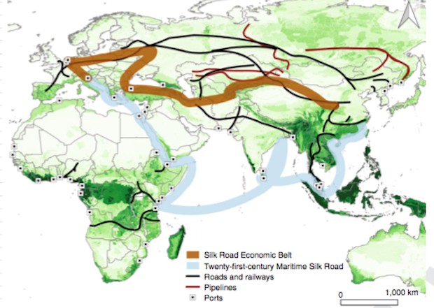 The main trade corridors from and to China, and some of the infrastructure and ports built or planned with Chinese investment in the bri. Environmental value is shown in green. | Image courtesy MERICS. 
