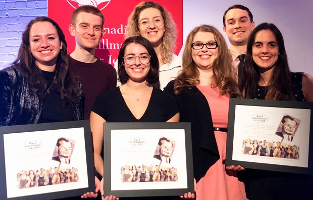 Students from Concordia, University of Toronto and Ryerson accept the Hillman honour. From left: Emma McIntosh (Ryerson), Robert Mackenzie (Ryerson), Kelsey Litwin (Concordia), Morgan Bocknek (Ryerson), Sawyer Bogdan (Ryerson), Matthew Gilmour (Concordia) and Caitlin Taylor (University of Regina).