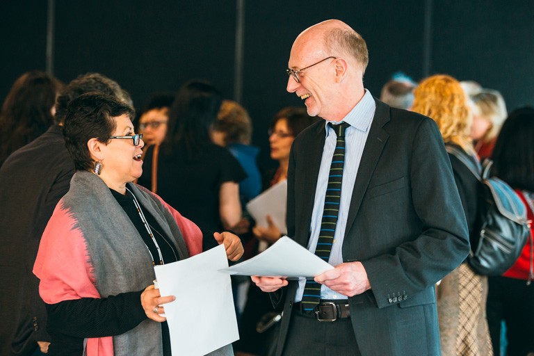 Graham Carr speaking to Donna Kahérakwas Goodleaf, Indigenous Curriculum and Pedagogy Advisor at the Internal Launch of the Action Plan on March 13, 2019. | Photo by Adrian Morillo