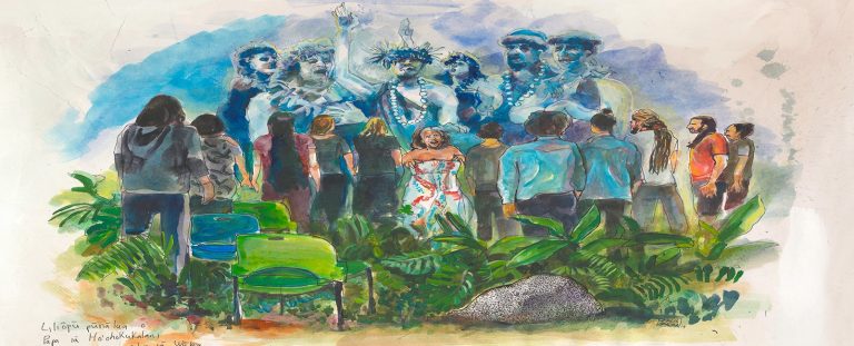 An artist's representation of ancestors joining a group in conversation at the AI workshop in Hawai‘i. | Image by Sergio Garzon. Courtesy of the Initiative for Indigenous Futures.