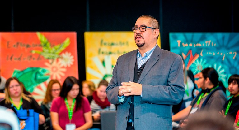 Kam’ayaam/Chachim’multhnii (Cliff Atleo, Jr.) delivered the keynote address at the event in 2017. | Photo by Emily Gan Kam’ayaam/Chachim’multhnii (Cliff Atleo, Jr.) delivered the keynote address at the event in 2017. | Photo by Emily Gan