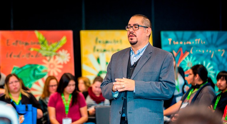 Kam’ayaam/Chachim’multhnii (Cliff Atleo, Jr.) delivered the keynote address at the event in 2017. | Photo by Emily Gan