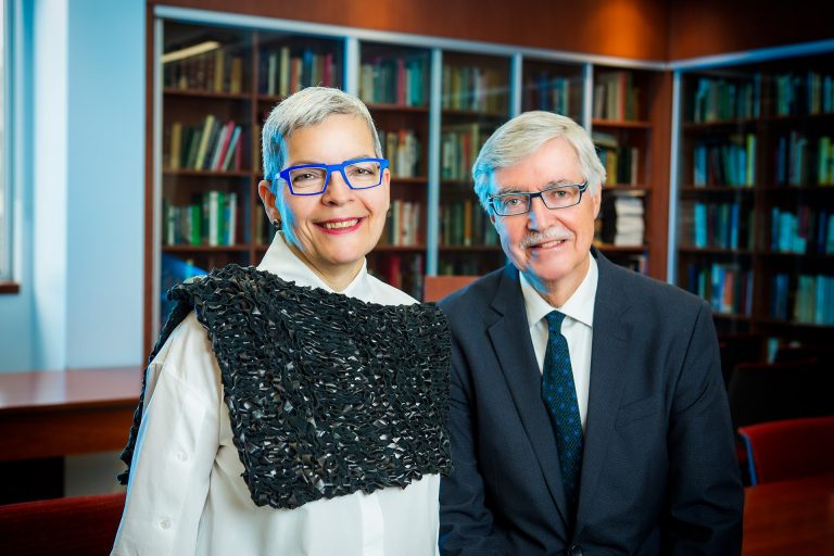 Rhona Richman Kenneally, left, and Michael Kenneally, right, in the School of Irish Studies Thomas McEntee Reading Room