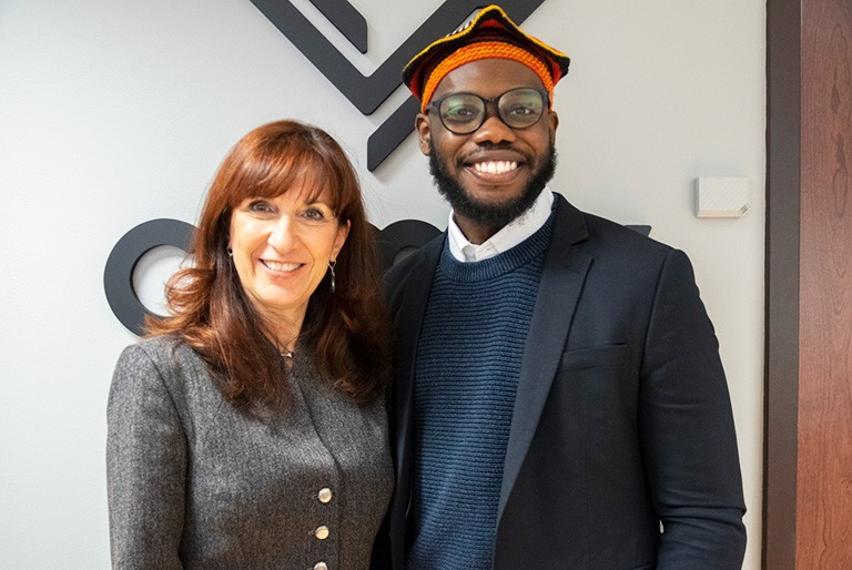 Lucia Pollice, CEO of CDMV, with JMSB student Maurice Ngwakum-Akisa Lucia Pollice, CEO of CDMV, with JMSB student Maurice Ngwakum-Akisa