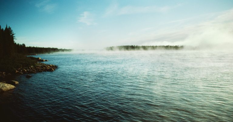 Calm water with fog, James Bay, Quebec, Canada on Picspree