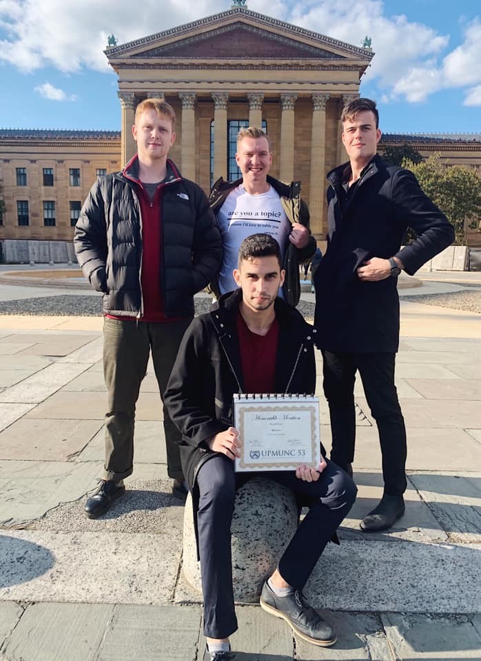 Samo Čebular (right, with teammates at the University of Pennsylvania): “Model UN helped me vastly improve my presentation and speaking skills, critical thinking and soft skills in general.”