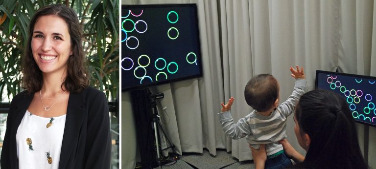 At left: Young smiling woman with long dark hair. At right: A woman holding a toddler, who is looking at two screens with bubbles floating on a dark background.