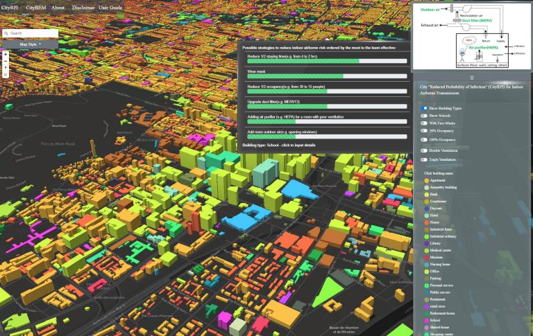 Graphic image of city streets, populated by buildings of many different colours.