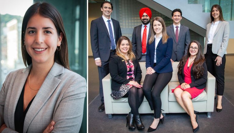 Portrait of young woman wearing grey blazer side by side with group image of seven students in business attire