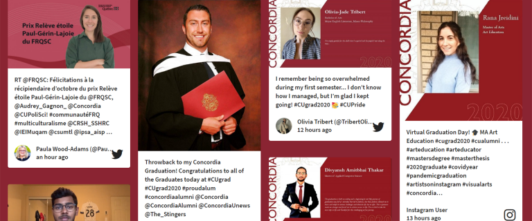 Screenshot of live social-media wall displaying photos of young graduates with accompanying celebratory texts from Twitter and Instagram.