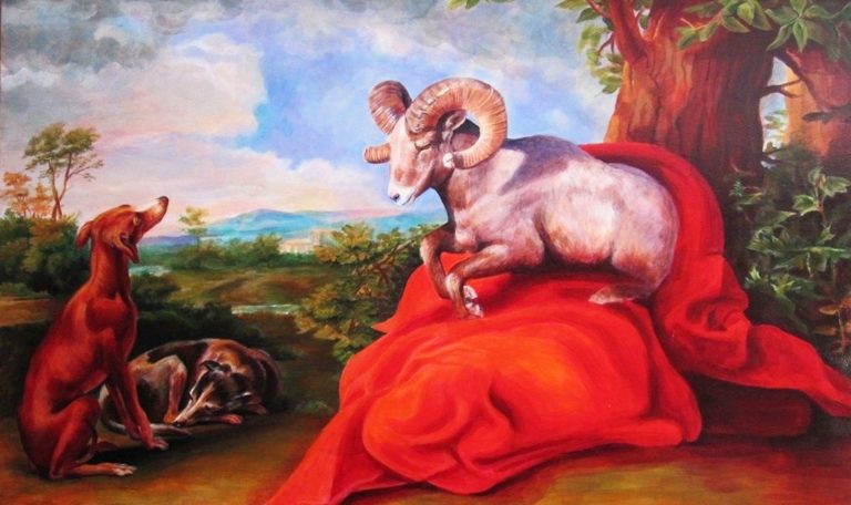 Painting of a dog, and ram sitting on a red piece of fabric.