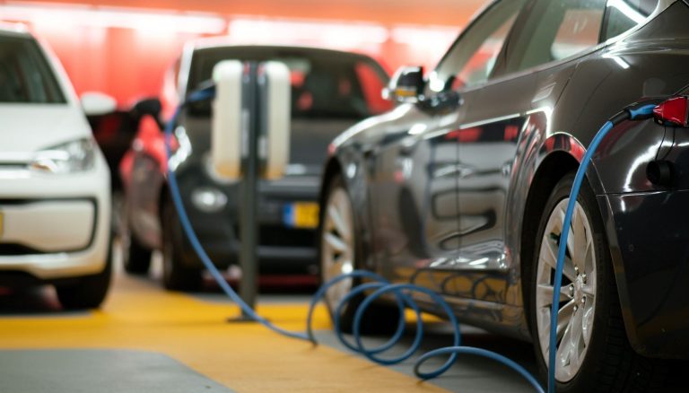 Three electric cars charging in a parking garage