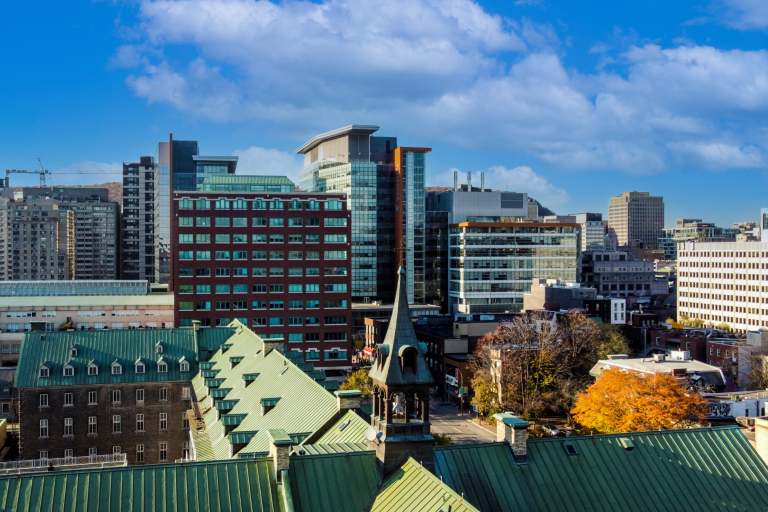 An aerial shot of Concordia's Sir George Williams Campus taken from the Grey Nuns (GN) Building.