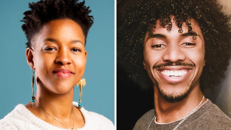 Left: A smiling Black woman in a white sweater. Right: A smiling Black man in a brown sweater.