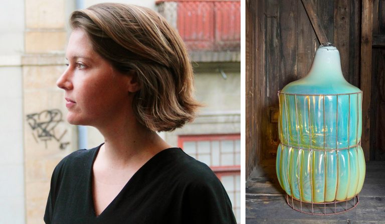 On the left: a ceramic jug. On the right, a profile portrait of a young woman with shoulder-length blonde hair.