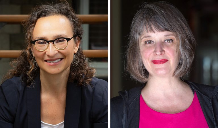 Left: Smiling woman with long, curly hair and glasses. Right: Smiling woman with shoulder-length hair, a pink top and black jacket.