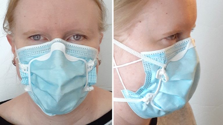 Two side-by-side close-up images of a fair woman wearing blue surgical mask with white plastic frame around nose and cheeks.