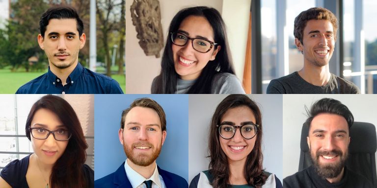 Collage of headshots of young professionals: 4 men and 3 women wearing glasses.