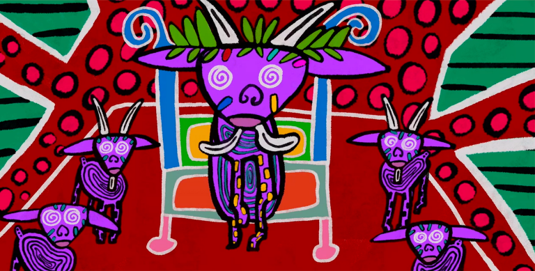 Animated and colourful (mostly reds and purples) image of stylized goats