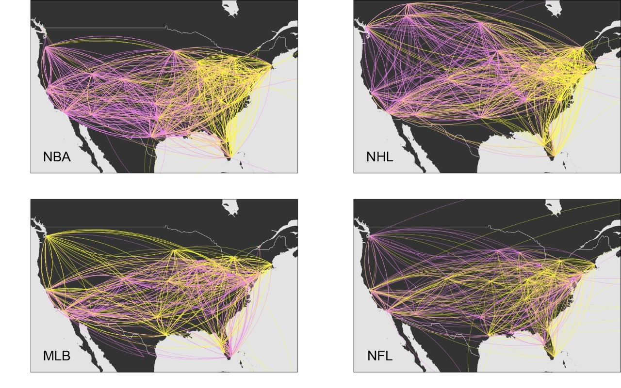 Sports travel 2018 A map showing sports-related flights in 2018