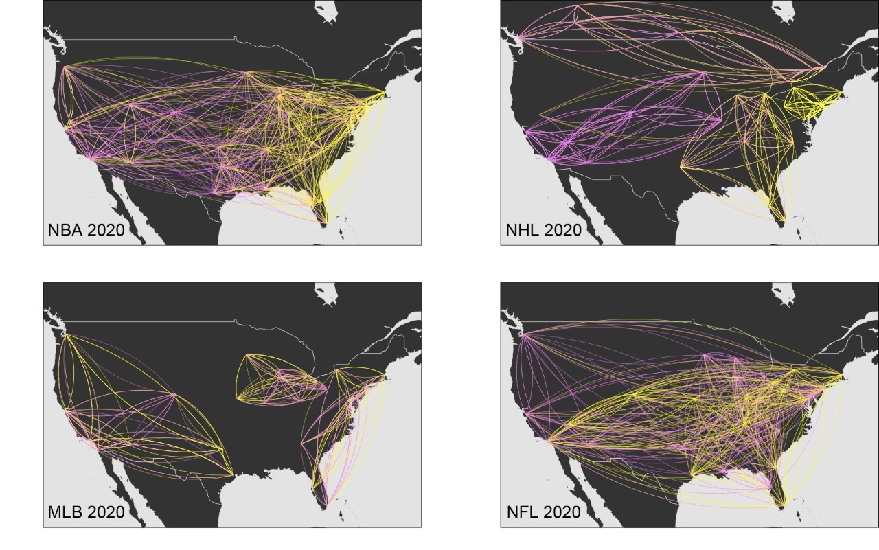 A map showing sports travel by league in 2020