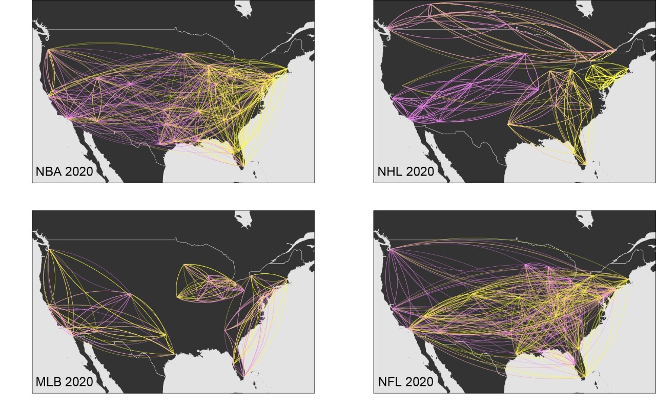 Sports travel by league 2020 A map showing sports travel by league in 2020