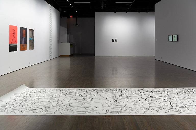 Birender Yadav, Sajan Mani and Sohrab Hura. Installation view of <em>Constitutions</em> at the Leonard & Bina Ellen Art Gallery. | Photo by Paul Litherland. View of an art installation, with images on the sparse white walls.