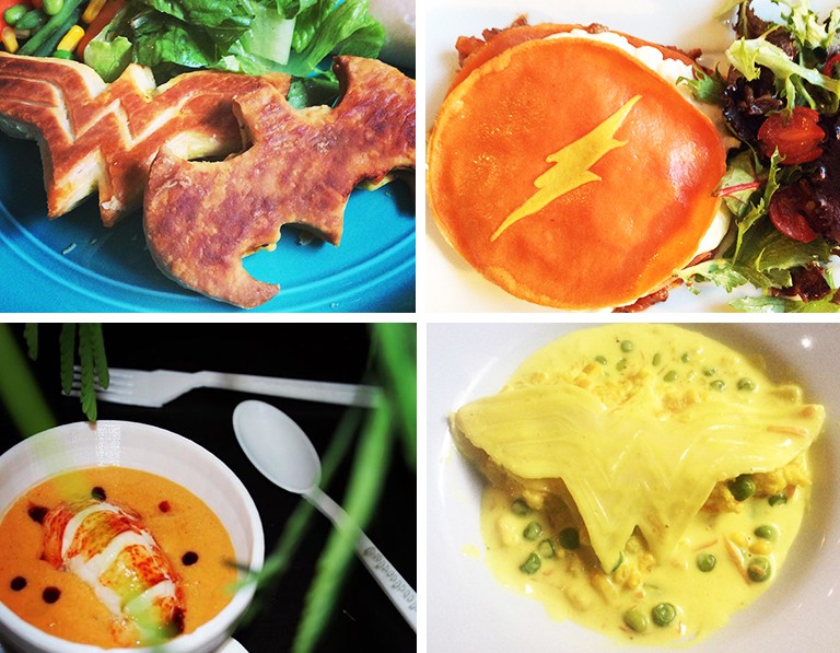 Pictured: Four images depicting different foods with a super hero motif incorporated in them.
