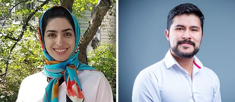 Pictured: On the left, a young, smiling woman with a colourful hijab, and on the left a young smiling man with short dark hair and a beard.