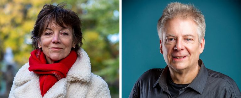 Pictured: On the left, a smiling woman with short(ish) dark hair, a red top and a white winter jacket. On the right: A smiling man with short, blonde hair and a grey dress shirt.