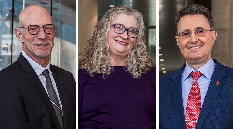 Graham Carr, Paula Wood-Adams and Mourad Debbabi. A triptych image of a smiling bald man with glasses, a smiling woman with long hair and glasses and a smiling man with short hair and glasses.
