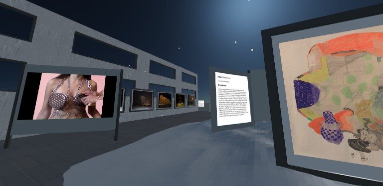 Virtual recreation of a courtyard featuring two art pieces in the foreground and four others in the background