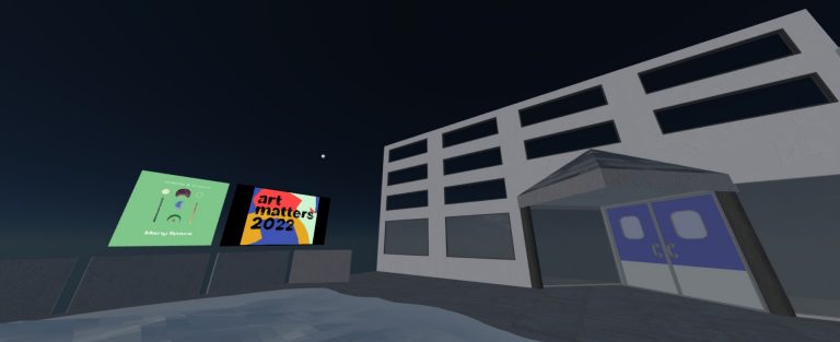 Digital recreation of a grey building and poster that reads "Art Matters 2022"