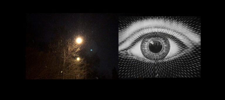 On the left: An image of a snowy night. On the right: Close-up of the pupil of an eye.