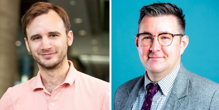 Two men in pictures side-by-side. On the left, a smiling man with short dark-blonde hair and a beard and pink shirt. On the right, a smiling man with short, dark hair, glasses, a shirt, tie and jacket.