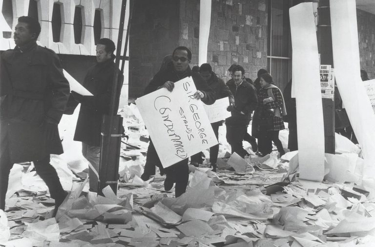 Students demonstrating in front of Hall Building, 11 February 1969