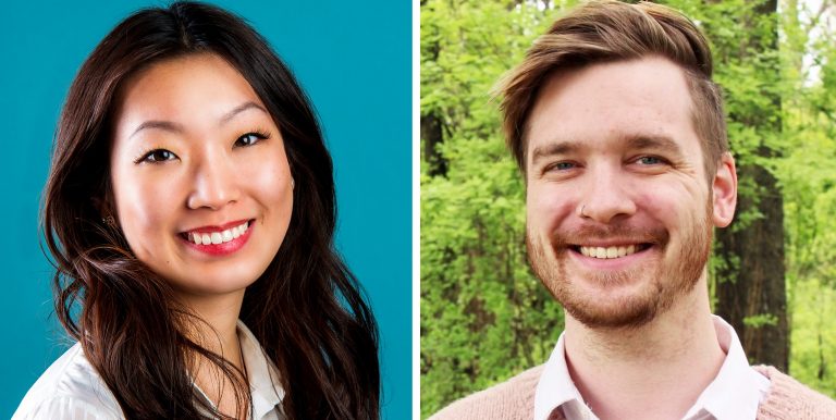On the left, a young, smiling Asian woman with long dark hair, wearing a dress shirt. On the right, a young, smiling non-binary person with short blonde hair and a beard, wearing a sweater with a dress shirt. 